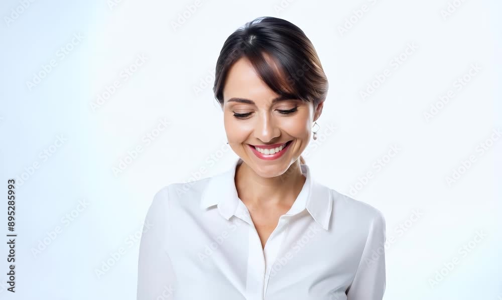 Smiling brunette happy woman in her 40s posing in a white shirt on a white background Smiling brunette happy woman in her 40s posing in a white shirt on a white background