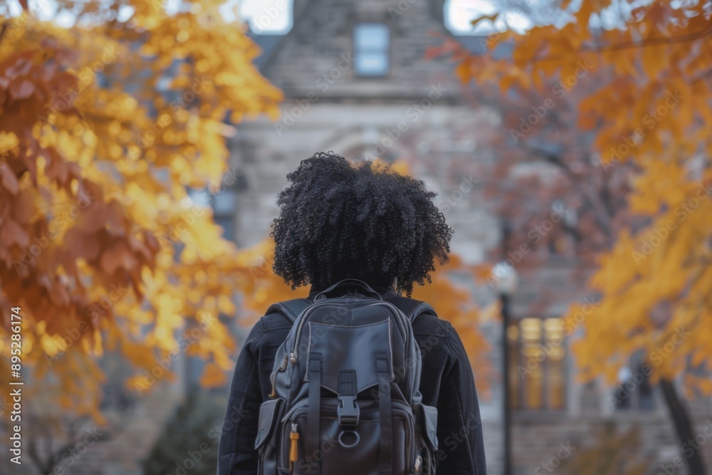 Back view of a black female student on college campus