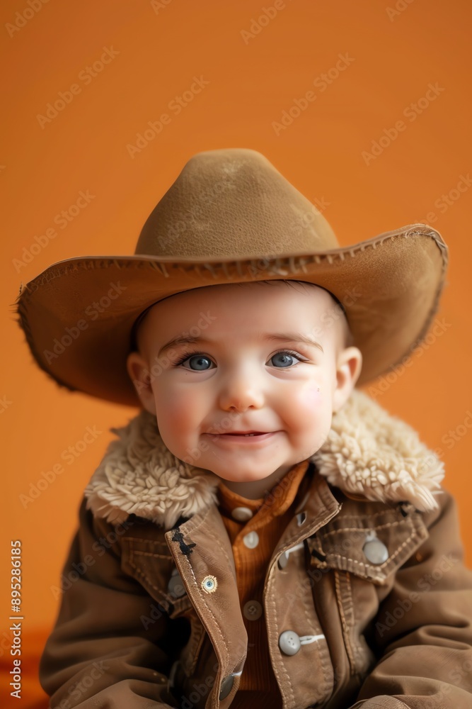 Happy baby in cowboy outfit, orange background, portrait Happy baby in cowboy outfit, orange background, portrait