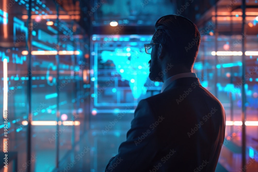 Executive analyzing data on holographic screens, in a futuristic office, with copy space Executive analyzing data on holographic screens, in a futuristic office, with copy space