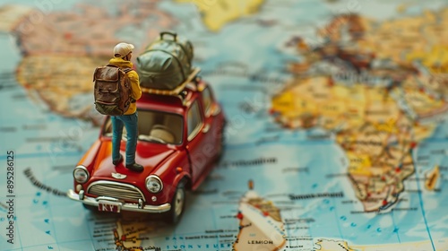 Miniature back packers are standing on a printed world map