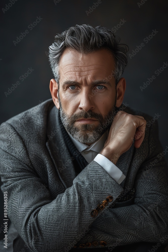 Obraz premium Pensive businessman, slate gray mood, soft frontal lighting