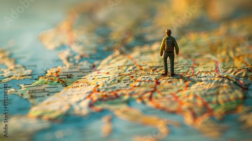 Miniature back packers are standing on a printed world map