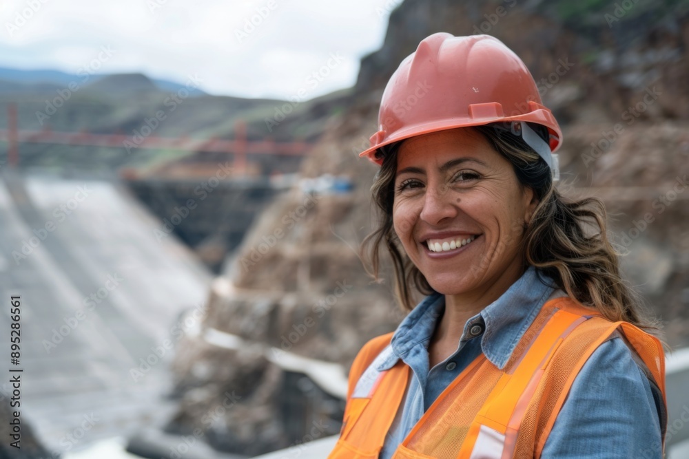 Portrait of a middle aged smiling female engineer at Hydroelectric Dam Portrait of a middle aged smiling female engineer at Hydroelectric Dam