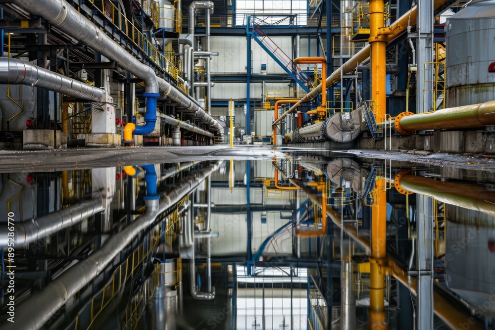 Large industrial area with pipes and water reflecting Large industrial area with pipes and water reflecting