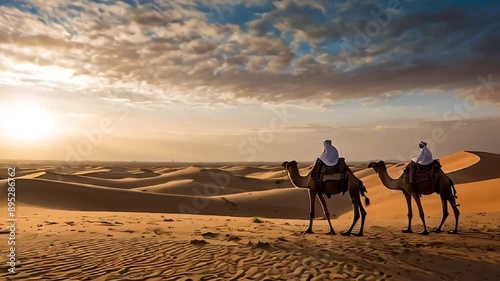 people ride camels in the desert