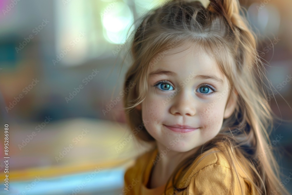 Cute little girl in blurred classroom looking at camera Cute little girl in blurred classroom looking at camera