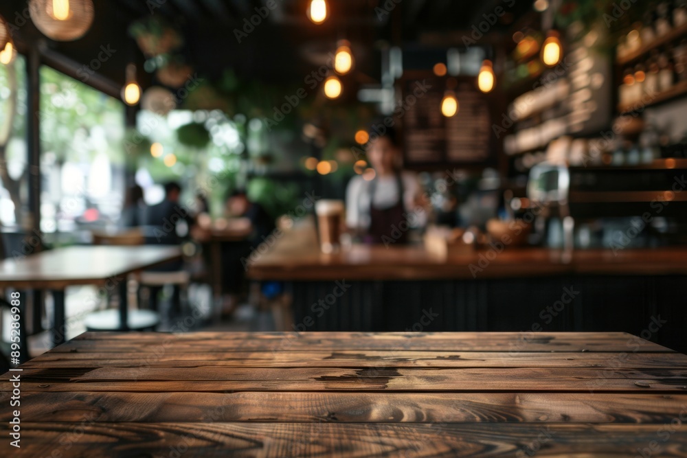 Close up of a wooden table in a cafe