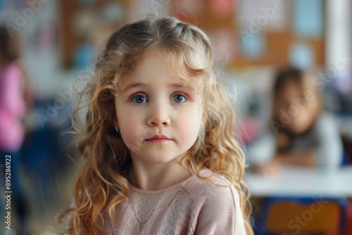 Cute little girl in blurred classroom looking at camera