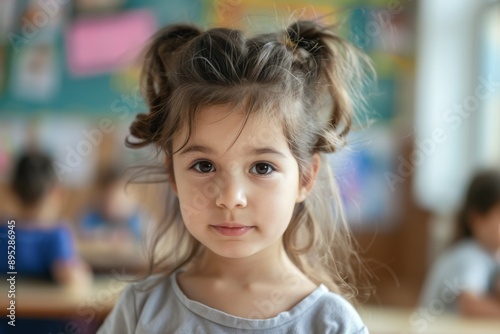 Cute little girl in blurred classroom looking at camera