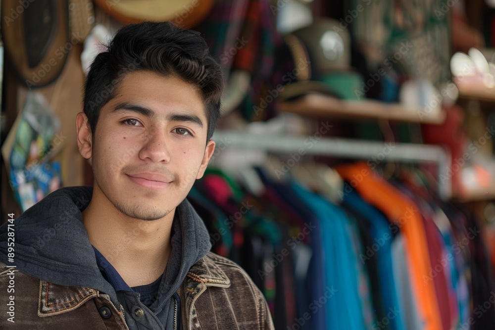 Fototapeta premium Portrait of a young Hispanic man in thrift shop