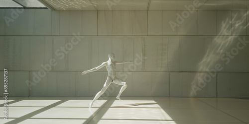 a white mannequin is dancing at an empty square place, surrealist concept of image 