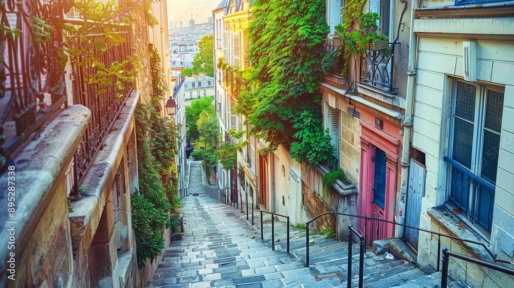 Fototapeta premium Montmartre hill with Basilique du Sacre-Coeur in Paris at sunset, aerial view