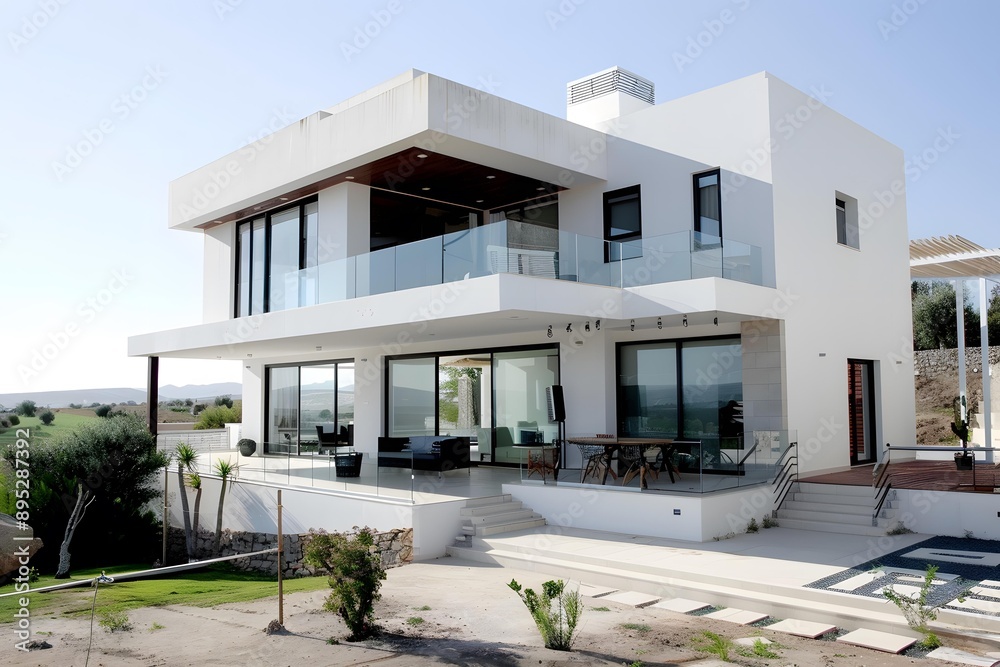 Modern White Villa with Glass Balcony and Large Windows