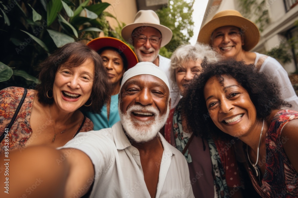 Diverse group of seniors taking a selfie together outdoors Diverse group of seniors taking a selfie together outdoors