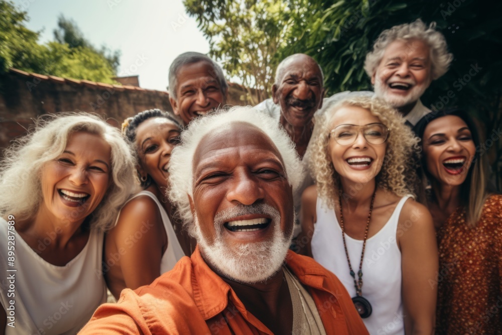 Diverse group of seniors taking a selfie together outdoors Diverse group of seniors taking a selfie together outdoors