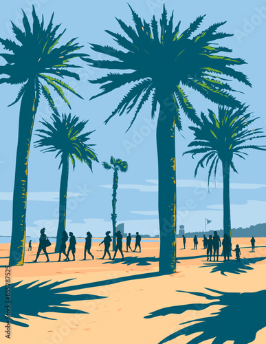 WPA poster art of palm trees and tourists at Barceloneta Beach or Playa de La Barceloneta in Barcelona, Catalonia, Spain  done in works project administration or federal art project style.
