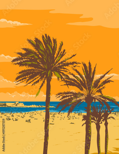 WPA poster art of palm trees and tourists at Barceloneta Beach or Playa de La Barceloneta in Barcelona, Catalonia, Spain done in works project administration or federal art project style.
