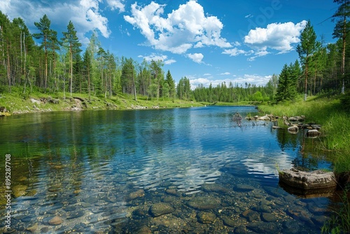 Geography, potamology. Middle Siberia (south part). Panorama of crystal clear water copious river and taiga forests, Typical coniform hill oreography. Absence of people - generative ai photo