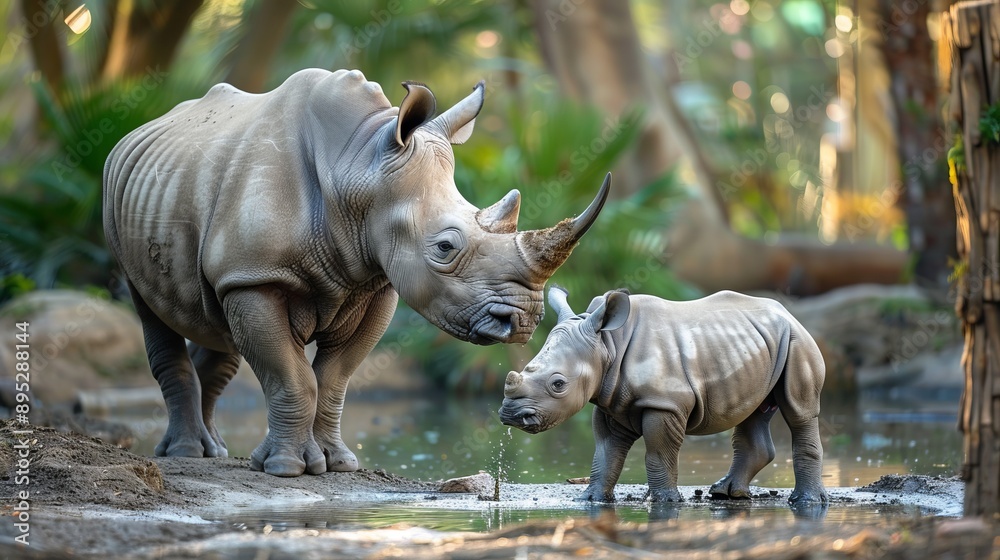 Fototapeta premium Baby White Rhinoceros and mother (Ceratotherium simum). South Africa