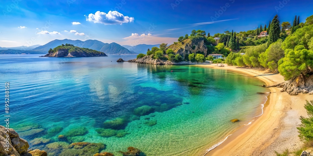 Fototapeta premium Beautiful summer vacation landscape in Corfu, Greece with a serene sea and sandy beach , Greece, Corfu, vacation, landscape