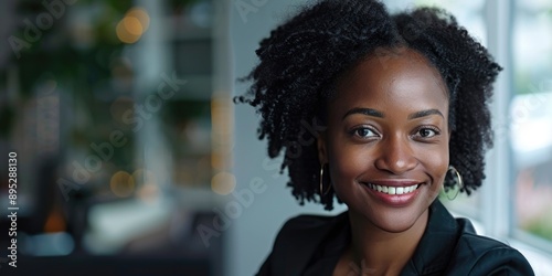 Portrait of a happy woman with curly hair smiling directly at the camera