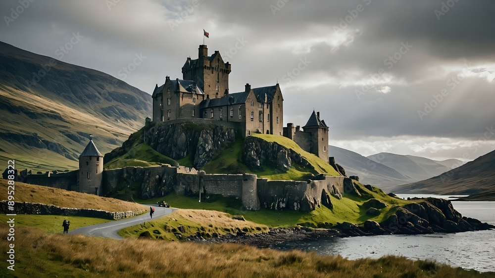 Picturesque castle perched on a rocky cliff overlooking a tranquil lake with mountains in the background. Picturesque castle perched on a rocky cliff overlooking a tranquil lake with mountains in the background.