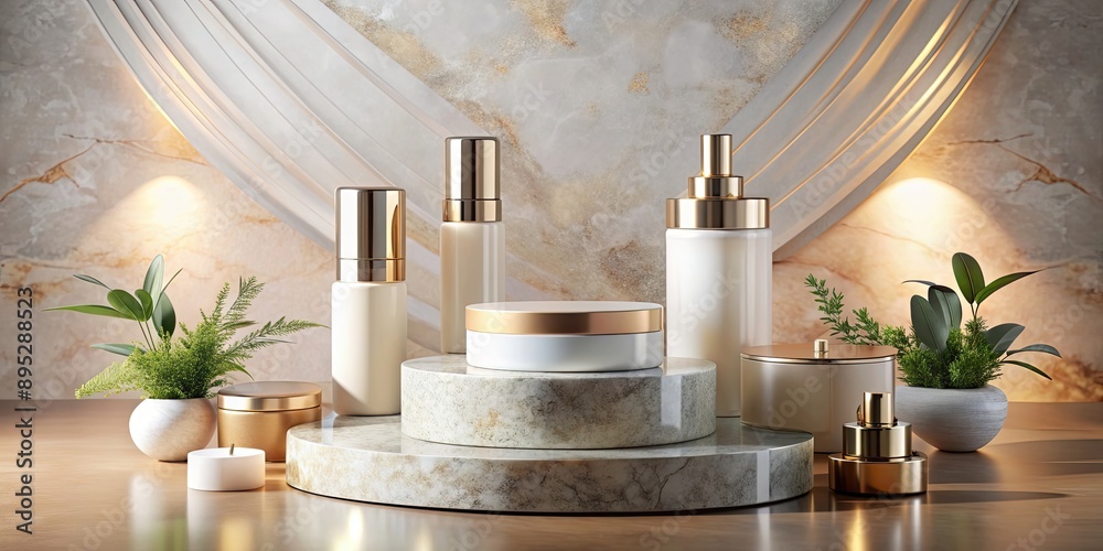 Stone podium for displaying cosmetic products with a luxurious and elegant background , stone, podium, display, product