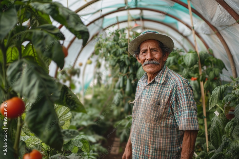 Obraz premium Interior of a greenhouse with middle aged male farmer