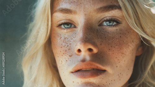 Beautiful blonde woman with freckles, 16:9, 300 dpi, with space for text