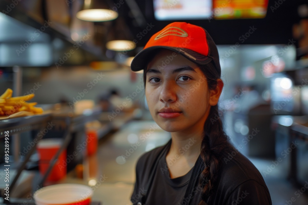 Portrait of a young adult mexican female fast food worker Portrait of a young adult mexican female fast food worker