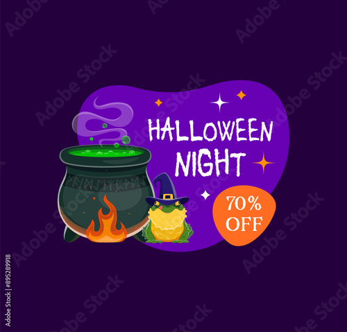 Halloween sale frame or holiday badge with pimpled frog in witch hat sitting near bubbling cauldron on purple blob. Isolated vector tag or banner for festive discount and price off clearance night