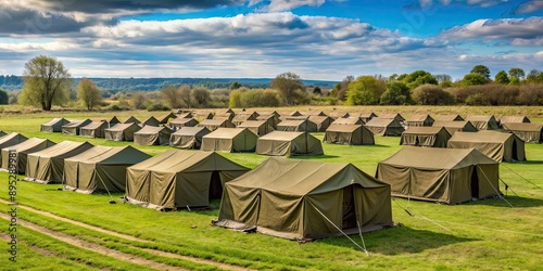 A temporary military camp of soldiers in a rural field setting , soldiers, army, field, temporary, camp, military, tents