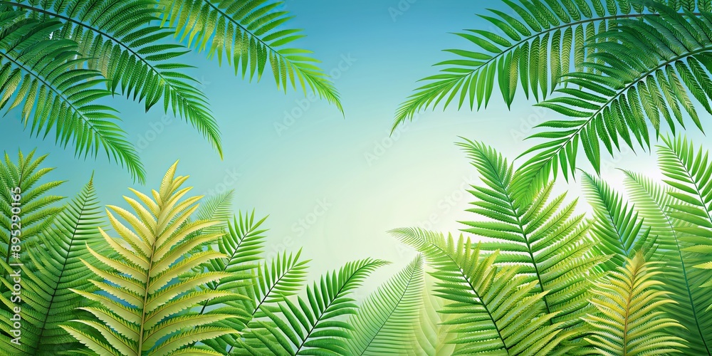 Digitally illustrated scene of layered fern and palm fronds, tropical, foliage, nature, botanical, greenery, plants, leaves Digitally illustrated scene of layered fern and palm fronds, tropical, foliage, nature, botanical, greenery, plants, leaves