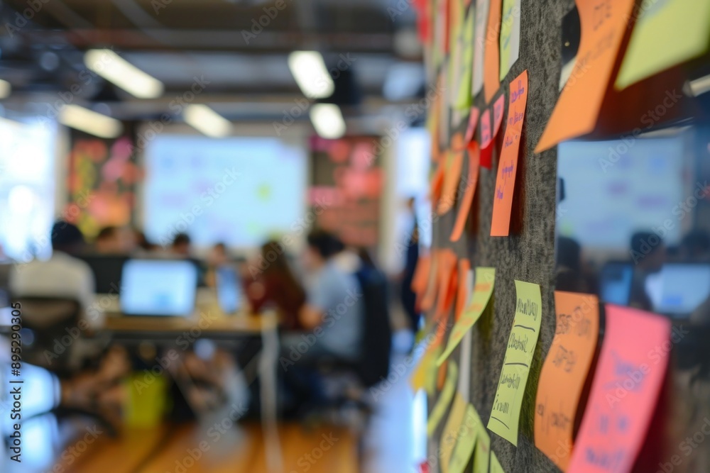 Post it notes on a glass wall in modern office Post it notes on a glass wall in modern office
