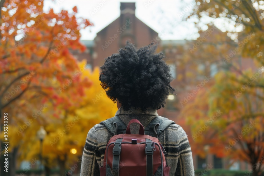 Back view of a black female student on college campus