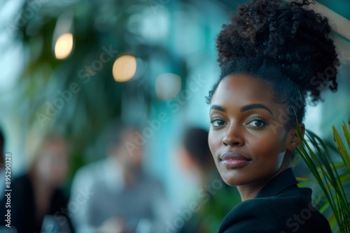 Young black businesswoman in focus during a office meeting