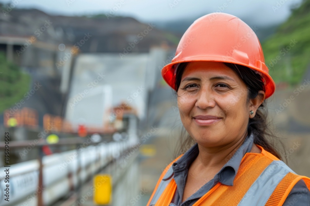 Portrait of a middle aged smiling female engineer at Hydroelectric Dam Portrait of a middle aged smiling female engineer at Hydroelectric Dam