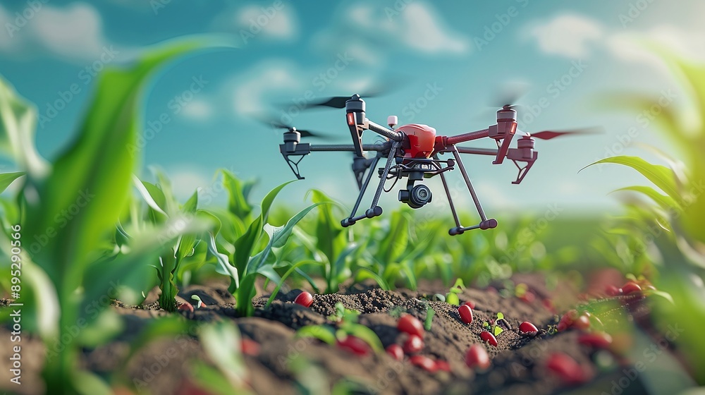 A modern postcard featuring 3d render monitoring drones in cornfields. A modern postcard featuring 3d render monitoring drones in cornfields.
