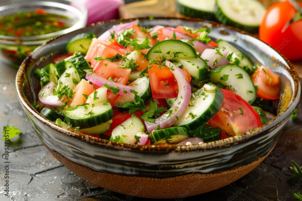 Cucumber tomato and onion salad with apple cider in bowl on table Cucumber tomato and onion salad with apple cider in bowl on table