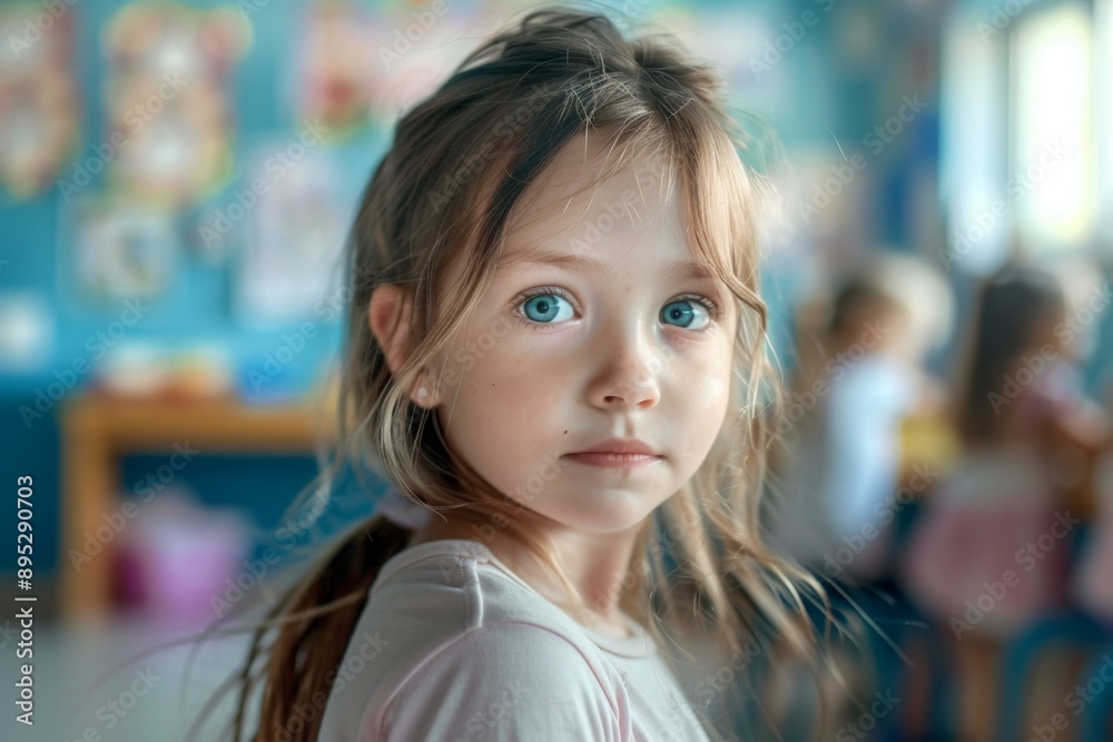 Cute little girl in blurred classroom looking at camera Cute little girl in blurred classroom looking at camera