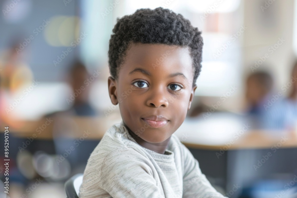 Cute little boy in blurred classroom looking at camera Cute little boy in blurred classroom looking at camera