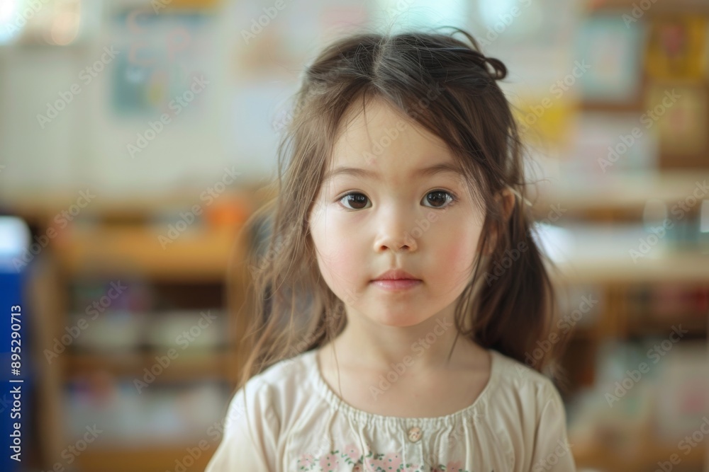 Cute little girl in blurred classroom looking at camera Cute little girl in blurred classroom looking at camera
