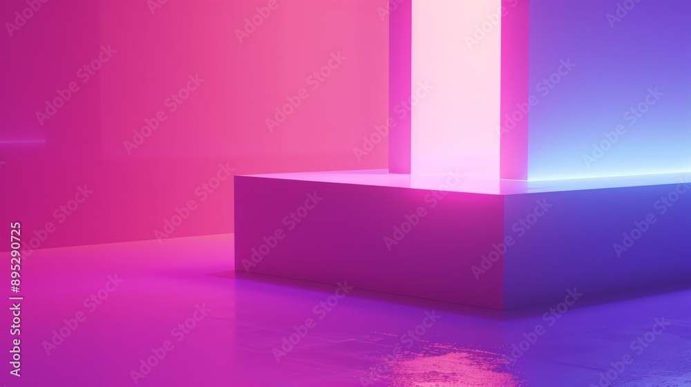 Sleek platform illuminated by pink and blue neon lights, setting a modern and lively scene Sleek platform illuminated by pink and blue neon lights, setting a modern and lively scene