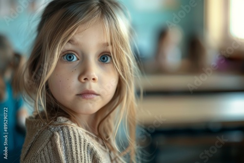 Cute little girl in blurred classroom looking at camera