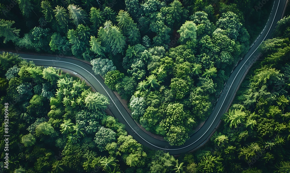 Aerial View of a Winding Road Through Lush Forest Aerial View of a Winding Road Through Lush Forest