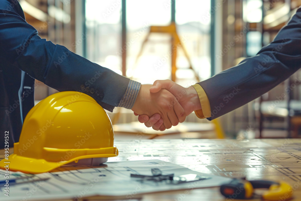 yellow safety helmet on workplace desk with construction worker hands shaking project contract in office at construction site