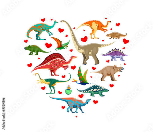 I love dinosaurs heart shape banner with prehistoric Jurassic era lizards, cartoon vector. Funny dinosaurs and dino eggs of reptiles or birds in Jurassic park with love hearts for kids extinct animals photo