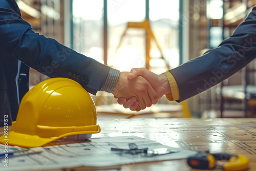 Obraz na płótnie yellow safety helmet on workplace desk with construction worker hands shaking project contract in office at construction site w salonie