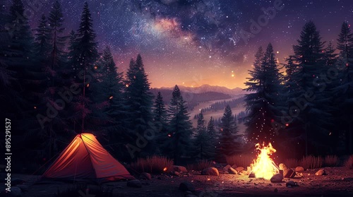 Tent and bonfire set up in a fantasy forest landscape, creating a magical and cozy scene with glowing firelight illuminating the sur Seamless looping 4k time-lapse virtual video animation Generated AI